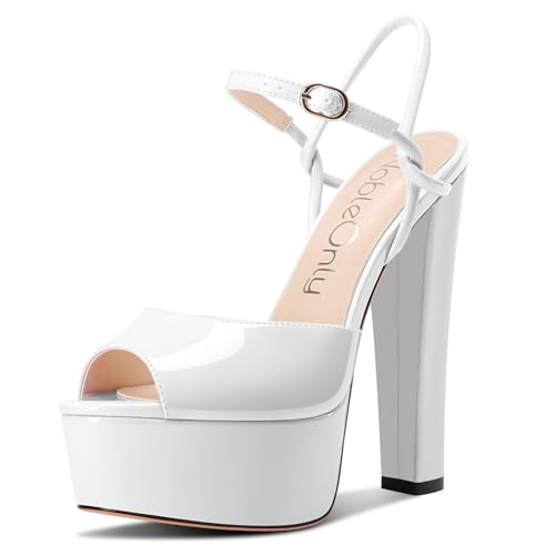 NobleOnly Damen Plateau Plattform Absatz Heel Chunky Peep Open Zehenkappe Knöchelriemen Sandalen Hochzeit Party Dress Schuhe 15 CM Heels Weiß 37 EU von NobleOnly
