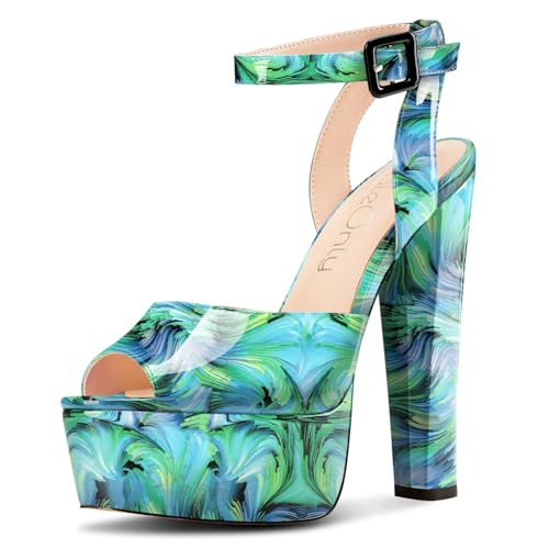 NobleOnly Damen Plateau Plattform Sandalen Hoher High Chunky Absatz Heel Knöchelriemen Peep Open Zehenkappe Abschlussball Party Schuhe 15 CM Heels Grüner Wirbel 39 EU von NobleOnly