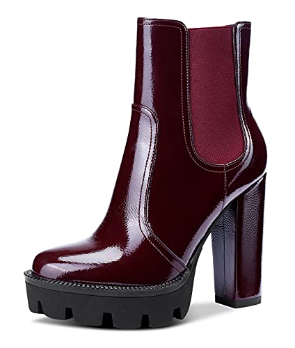 NobleOnly Damen Plattform Mode-Stiefel Knöchelhoch Reißverschluss Chelsea Boots Blockabsatz 12CM High Heels Rot Burgund Lackleder Schuhe EU37 von NobleOnly