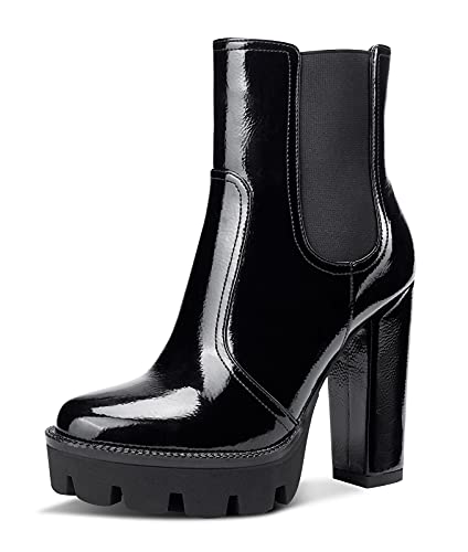 NobleOnly Damen Plattform Mode-Stiefel Knöchelhoch Reißverschluss Chelsea Boots Blockabsatz 12CM High Heels Schwarz Lackleder Schuhe EU43 von NobleOnly