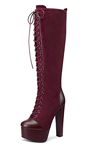 NobleOnly Damen Plattform Mode-Stiefel Mid-Calf Schnürsenkel Reißverschluss Blockabsatz 15CM High Heels Rot Burgund Wildleder Schuhe EU40 von NobleOnly