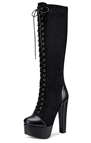 NobleOnly Damen Plattform Mode-Stiefel Mid-Calf Schnürsenkel Reißverschluss Blockabsatz 15CM High Heels Schwarz Wildleder Schuhe EU37 von NobleOnly