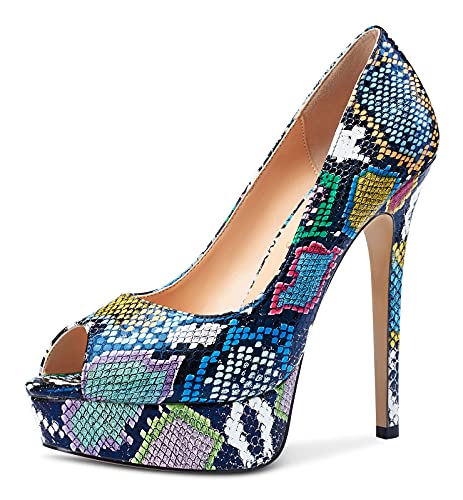 NobleOnly Damen Plattform Peep-Toes Pumps 13CM Stilettos High Heels Mehrfarbig Schlange Schuhe EU37 von NobleOnly