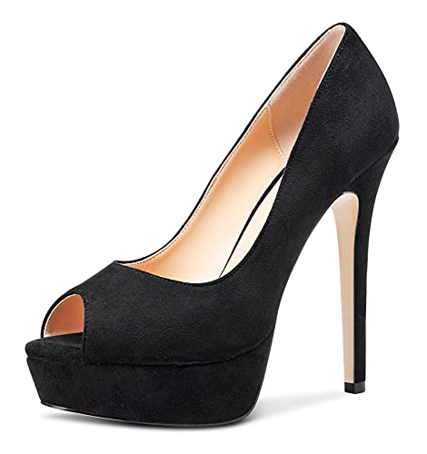 NobleOnly Damen Plattform Peep-Toes Pumps 13CM Stilettos High Heels Schwarz Wildleder Schuhe EU35 von NobleOnly