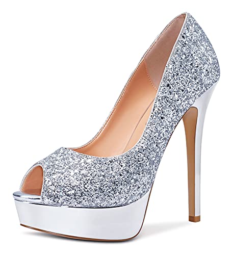 NobleOnly Damen Plattform Peep-Toes Pumps 13CM Stilettos High Heels Silber Glitter Schuhe EU39 von NobleOnly