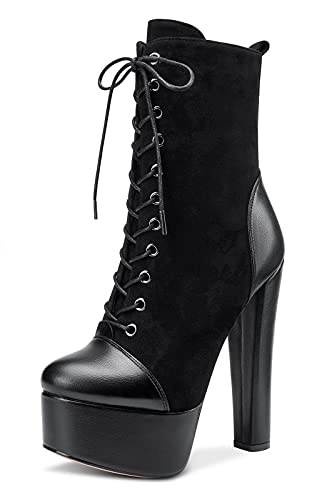 NobleOnly Damen Plattform Stiefeletten Knöchelhoch Schnürsenkel Reißverschluss Blockabsatz 15CM High Heels Schwarz Wildleder Schuhe EU35 von NobleOnly