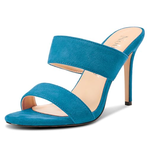 NobleOnly Damen Runde Open Zehenkappe Stiletto Hoher High Absatz Heel Sandalen Lässig Dress Slip-on Pantoletten Schuhe 10 CM Heels Blau 42 EU von NobleOnly
