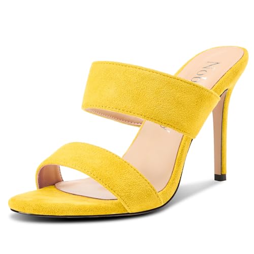 NobleOnly Damen Runde Open Zehenkappe Stiletto Hoher High Absatz Heel Sandalen Lässig Dress Slip-on Pantoletten Schuhe 10 CM Heels Gelb 44 EU von NobleOnly