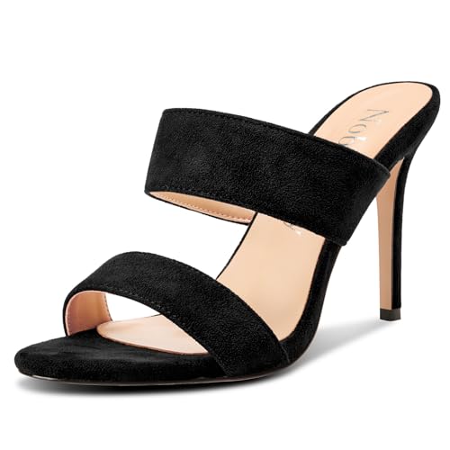 NobleOnly Damen Runde Open Zehenkappe Stiletto Hoher High Absatz Heel Sandalen Lässig Dress Slip-on Pantoletten Schuhe 10 CM Heels Schwarz 44 EU von NobleOnly