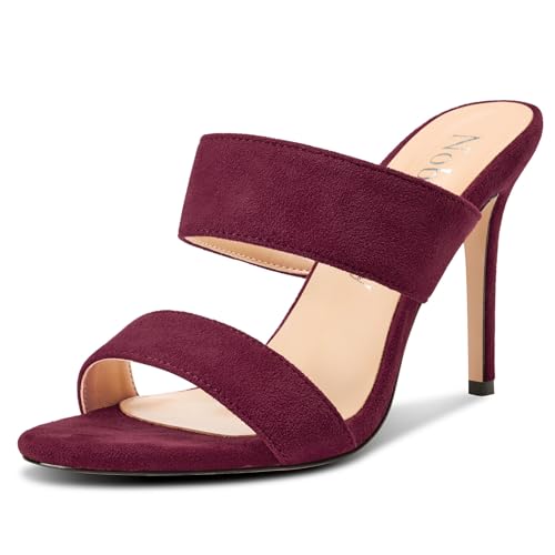 NobleOnly Damen Runde Open Zehenkappe Stiletto Hoher High Absatz Heel Sandalen Lässig Dress Slip-on Pantoletten Schuhe 10 CM Heels Weinrot 41 EU von NobleOnly