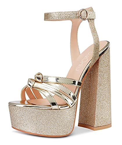 NobleOnly Damen Sandalen Plattform Ankle-Strap Peep-Toes 15CM Blockabsatz High Heels Gold Glitter Schuhe EU 38 von NobleOnly