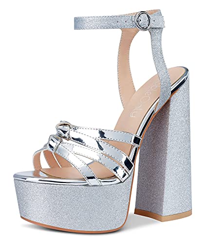 NobleOnly Damen Sandalen Plattform Ankle-Strap Peep-Toes 15CM Blockabsatz High Heels Silber Glitter Schuhe EU 37 von NobleOnly