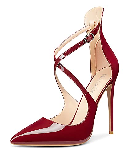 NobleOnly Damen Sky High Heels Pumps Fashion Spitze Zehe Stilettos 12CM Heel Rot Burgund Lackleder Schuhe EU35 von NobleOnly