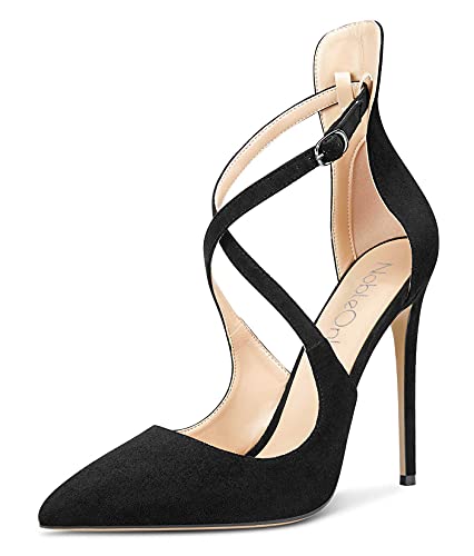 NobleOnly Damen Sky High Heels Pumps Fashion Spitze Zehe Stilettos 12CM Heel Schwarz Wildleder Schuhe EU38 von NobleOnly