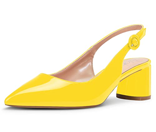 NobleOnly Damen Slingback Mitte Blockabsatz Heels Pumps Spitze Zehen Sandalen mit Schnalle Gelb Lackleder 40 EU NobleOnly Damen Slingback Mitte Blockabsatz Heels Pumps Spitze Zehen Sandalen mit Schnalle Gelb Lackleder 40 EU von NobleOnly