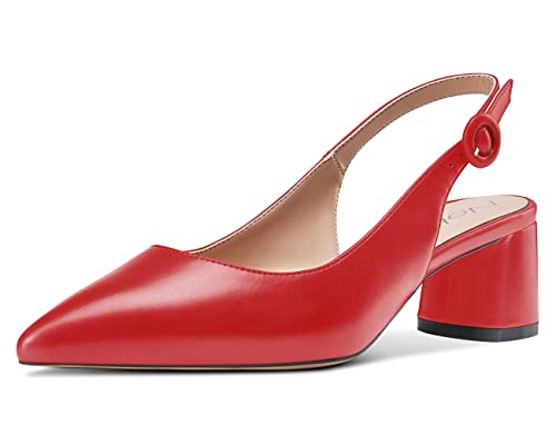 NobleOnly Damen Slingback Mitte Blockabsatz Heels Pumps Spitze Zehen Sandalen mit Schnalle Rot Matt 45 EU von NobleOnly