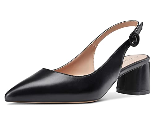 NobleOnly Damen Slingback Mitte Blockabsatz Heels Pumps Spitze Zehen Sandalen mit Schnalle Schwarz Matt 42 EU von NobleOnly