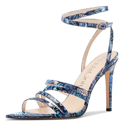 NobleOnly Damen Spitze Zehenkappe Knöchelriemen Sandalen Stiletto Hoher High Absatz Heel Party Hochzeit Dress Schuhe 10 CM Heels Blau Mehrfarbig 38 EU von NobleOnly