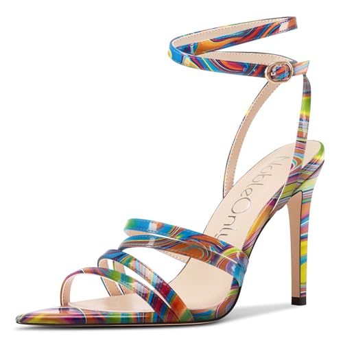 NobleOnly Damen Spitze Zehenkappe Knöchelriemen Sandalen Stiletto Hoher High Absatz Heel Party Hochzeit Dress Schuhe 10 CM Heels Buntes Graffiti 37 EU von NobleOnly