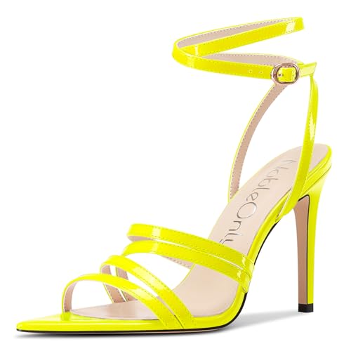 NobleOnly Damen Spitze Zehenkappe Knöchelriemen Sandalen Stiletto Hoher High Absatz Heel Party Hochzeit Dress Schuhe 10 CM Heels Gelb 36 EU von NobleOnly
