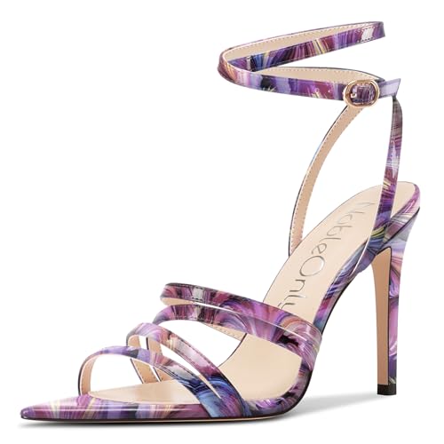 NobleOnly Damen Spitze Zehenkappe Knöchelriemen Sandalen Stiletto Hoher High Absatz Heel Party Hochzeit Dress Schuhe 10 CM Heels Lila Wirbel 40 EU von NobleOnly