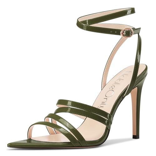 NobleOnly Damen Spitze Zehenkappe Knöchelriemen Sandalen Stiletto Hoher High Absatz Heel Party Hochzeit Dress Schuhe 10 CM Heels Olivgrün 37 EU von NobleOnly