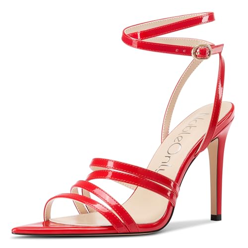 NobleOnly Damen Spitze Zehenkappe Knöchelriemen Sandalen Stiletto Hoher High Absatz Heel Party Hochzeit Dress Schuhe 10 CM Heels Rot 42 EU von NobleOnly