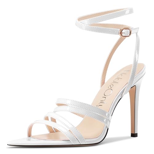 NobleOnly Damen Spitze Zehenkappe Knöchelriemen Sandalen Stiletto Hoher High Absatz Heel Party Hochzeit Dress Schuhe 10 CM Heels Weiß 39 EU von NobleOnly