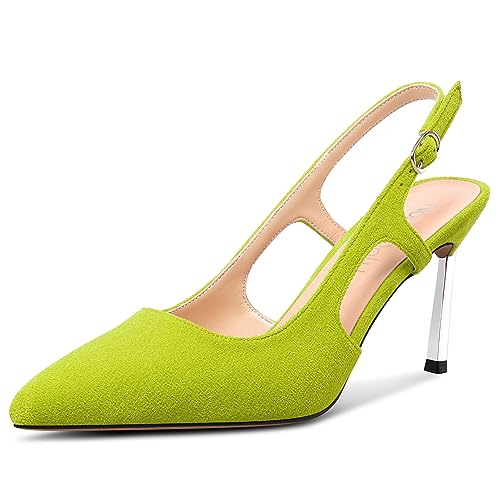 NobleOnly Damen Spitze Zehenkappe Mittlerem Absatz Heel Slip-on Dress Slingback Pumps Schnalle Lässig Klassisch Sommer Schuhe 8.5 cm Heels Gelbgrün 38 EU von NobleOnly