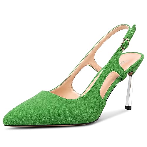 NobleOnly Damen Spitze Zehenkappe Mittlerem Absatz Heel Slip-on Dress Slingback Pumps Schnalle Lässig Klassisch Sommer Schuhe 8.5 cm Heels Grün 38 EU von NobleOnly