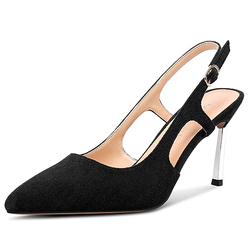 NobleOnly Damen Spitze Zehenkappe Mittlerem Absatz Heel Slip-on Dress Slingback Pumps Schnalle Lässig Klassisch Sommer Schuhe 8.5 cm Heels Schwarz 42 EU von NobleOnly
