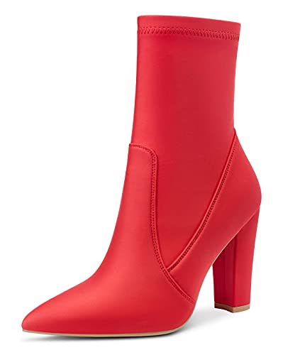 NobleOnly Damen Stiefeletten Reißverschluss Knöchelhoch Blockabsatz 10CM High Heels Stiefel Rot Satin Schuhe EU 37 von NobleOnly