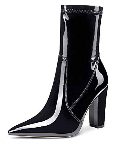 NobleOnly Damen Stiefeletten Reißverschluss Knöchelhoch Blockabsatz 10CM High Heels Stiefel Schwarz Lackleder Schuhe EU 37 von NobleOnly