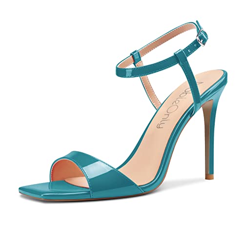 NobleOnly Damen Stiletto Hoher High Absatz Heel Peep Open Eckige Zehenkappe Knöchelriemen Sandalen Party Hochzeit Clear Slingback Schuhe 10 CM Heels Türkis Grün 45 EU von NobleOnly
