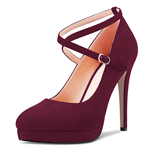 NobleOnly Damen Stiletto Hoher High Absatz Heel Plateau Plattform Geschlossene Zehenkappe Pumps Kreuzriemen Slip-on Hochzeit Party Dress Schuhe Burgund Rot 41 EU von NobleOnly