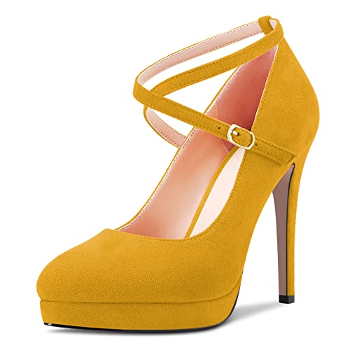 NobleOnly Damen Stiletto Hoher High Absatz Heel Plateau Plattform Geschlossene Zehenkappe Pumps Kreuzriemen Slip-on Hochzeit Party Dress Schuhe Gelb 40 EU von NobleOnly