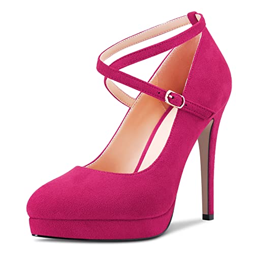 NobleOnly Damen Stiletto Hoher High Absatz Heel Plateau Plattform Geschlossene Zehenkappe Pumps Kreuzriemen Slip-on Hochzeit Party Dress Schuhe Magenta Rot 44 EU von NobleOnly
