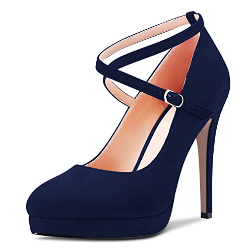 NobleOnly Damen Stiletto Hoher High Absatz Heel Plateau Plattform Geschlossene Zehenkappe Pumps Kreuzriemen Slip-on Hochzeit Party Dress Schuhe Navy Blau 41 EU von NobleOnly