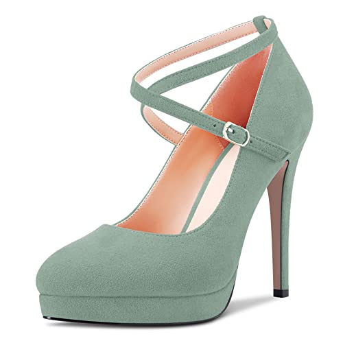 NobleOnly Damen Stiletto Hoher High Absatz Heel Plateau Plattform Geschlossene Zehenkappe Pumps Kreuzriemen Slip-on Hochzeit Party Dress Schuhe Türkis Grün 38 EU von NobleOnly