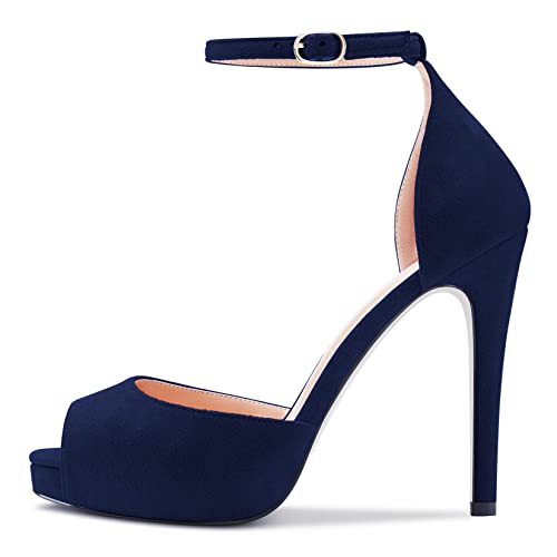 NobleOnly Damen Stiletto Hoher High Absatz Heel Plateau Plattform Peep Open Zehenkappe Knöchelriemen Sandalen Hochzeit Party Dress Two-Piece 12 CM Schuhe Navy Blau 38 EU von NobleOnly