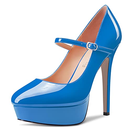 NobleOnly Damen Stiletto Hoher High Absatz Heel Plateau Plattform Runde Zehenkappe Pumps Mary Jane Party Hochzeit Dress 13 cm Heels Blau 44 EU von NobleOnly