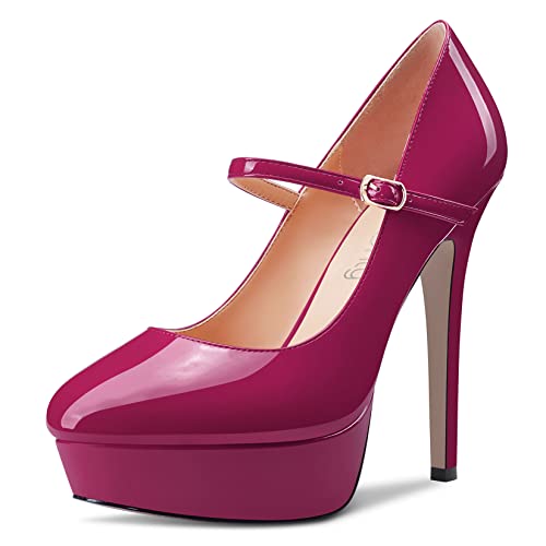 NobleOnly Damen Stiletto Hoher High Absatz Heel Plateau Plattform Runde Zehenkappe Pumps Mary Jane Party Hochzeit Dress 13 cm Heels Magenta Rot 38 EU von NobleOnly