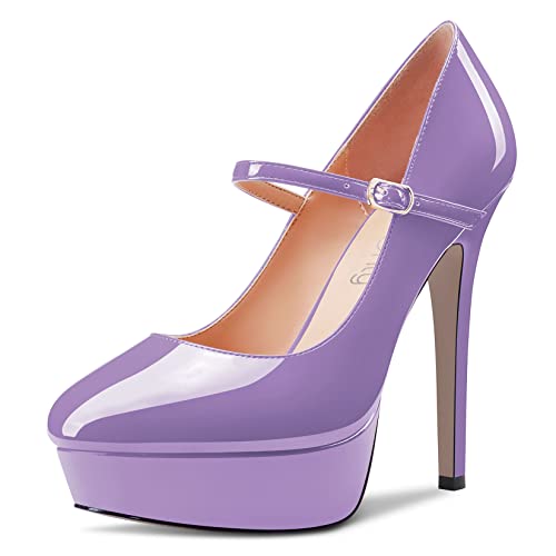 NobleOnly Damen Stiletto Hoher High Absatz Heel Plateau Plattform Runde Zehenkappe Pumps Mary Jane Party Hochzeit Dress 13 cm Heels Violett 38 EU von NobleOnly