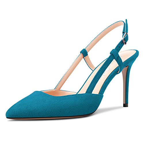 NobleOnly Damen Stiletto Hoher High Absatz Heel Slingback Pumps Spitze Zehenkappe Slip-on Sandalen Clear Hochzeit Party 8.5 cm Heels Blau 40 EU von NobleOnly