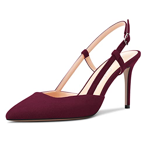 NobleOnly Damen Stiletto Hoher High Absatz Heel Slingback Pumps Spitze Zehenkappe Slip-on Sandalen Clear Hochzeit Party 8.5 cm Heels Burgund Rot Wildleder 45 EU von NobleOnly