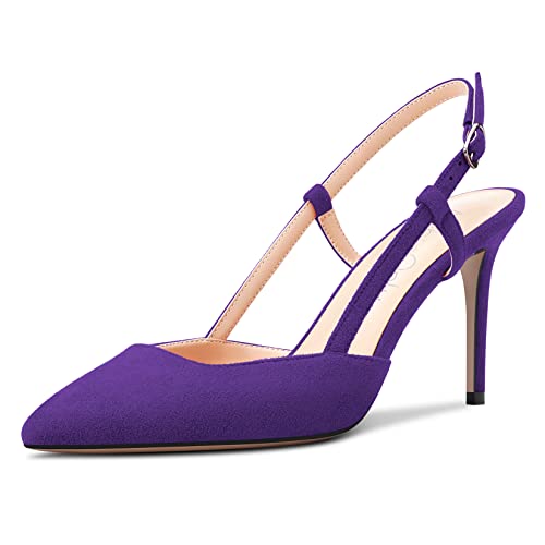 NobleOnly Damen Stiletto Hoher High Absatz Heel Slingback Pumps Spitze Zehenkappe Slip-on Sandalen Clear Hochzeit Party 8.5 cm Heels Violett Wildleder 41 EU von NobleOnly