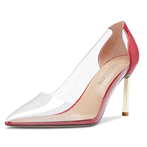 NobleOnly Damen Stiletto Hoher High Absatz Heel Spitze Geschlossene Zehenkappe Slip-on Pumps Klassisch Party Büroschuhe Schuhe 8.5 cm Heels Rot Transparent 43 EU von NobleOnly