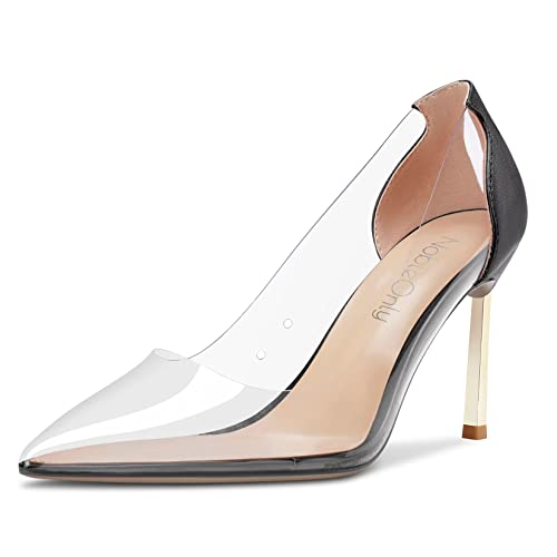 NobleOnly Damen Stiletto Hoher High Absatz Heel Spitze Geschlossene Zehenkappe Slip-on Pumps Klassisch Party Büroschuhe Schuhe 8.5 cm Heels Schwarz Transparent 44 EU von NobleOnly