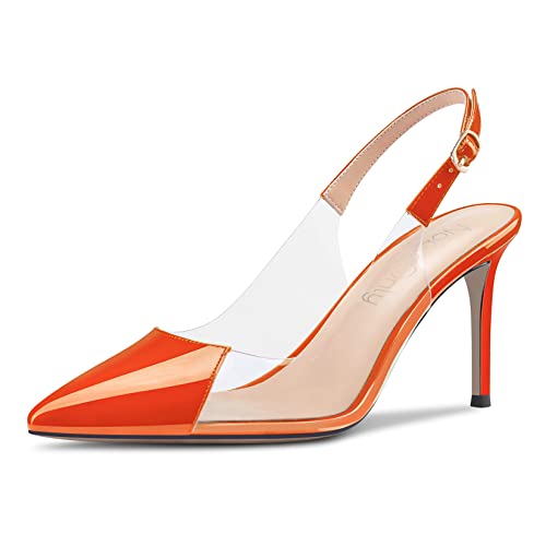 NobleOnly Damen Stiletto Hoher High Absatz Heel Spitze Zehenkappe Clear Slingback Pumps Schnalle Hochzeit Party 8 CM Heels Sandalen Orange 41 EU von NobleOnly