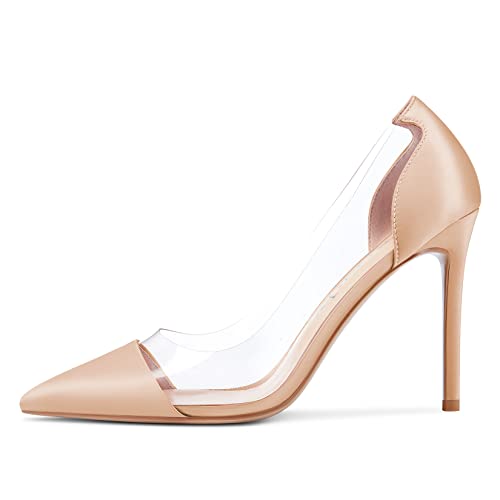 NobleOnly Damen Stiletto Hoher High Absatz Heel Spitze Zehenkappe Pumps Slip-on Clear Hochzeit Party 10 cm Heels Beige 42 EU von NobleOnly